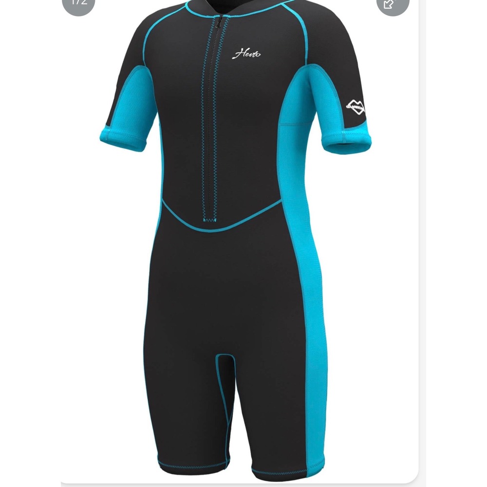 Hevto Wetsuit Shorty Kids Size 6 Black Blue New Short Sleeve Front Zip Neoprene